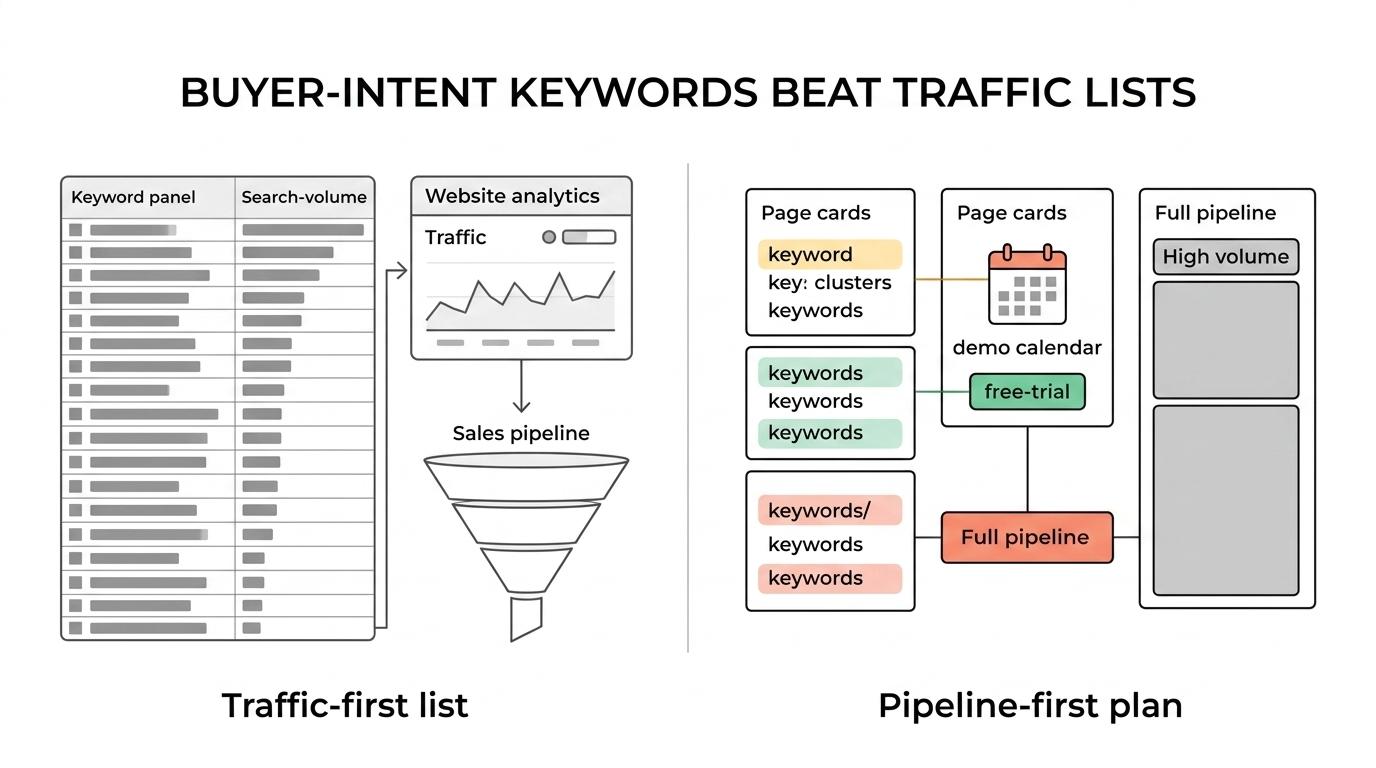 Side-by-side comparison of generic SEO keyword research versus SaaS keyword research across intent, page mapping, AI eligibility, and revenue linkage.