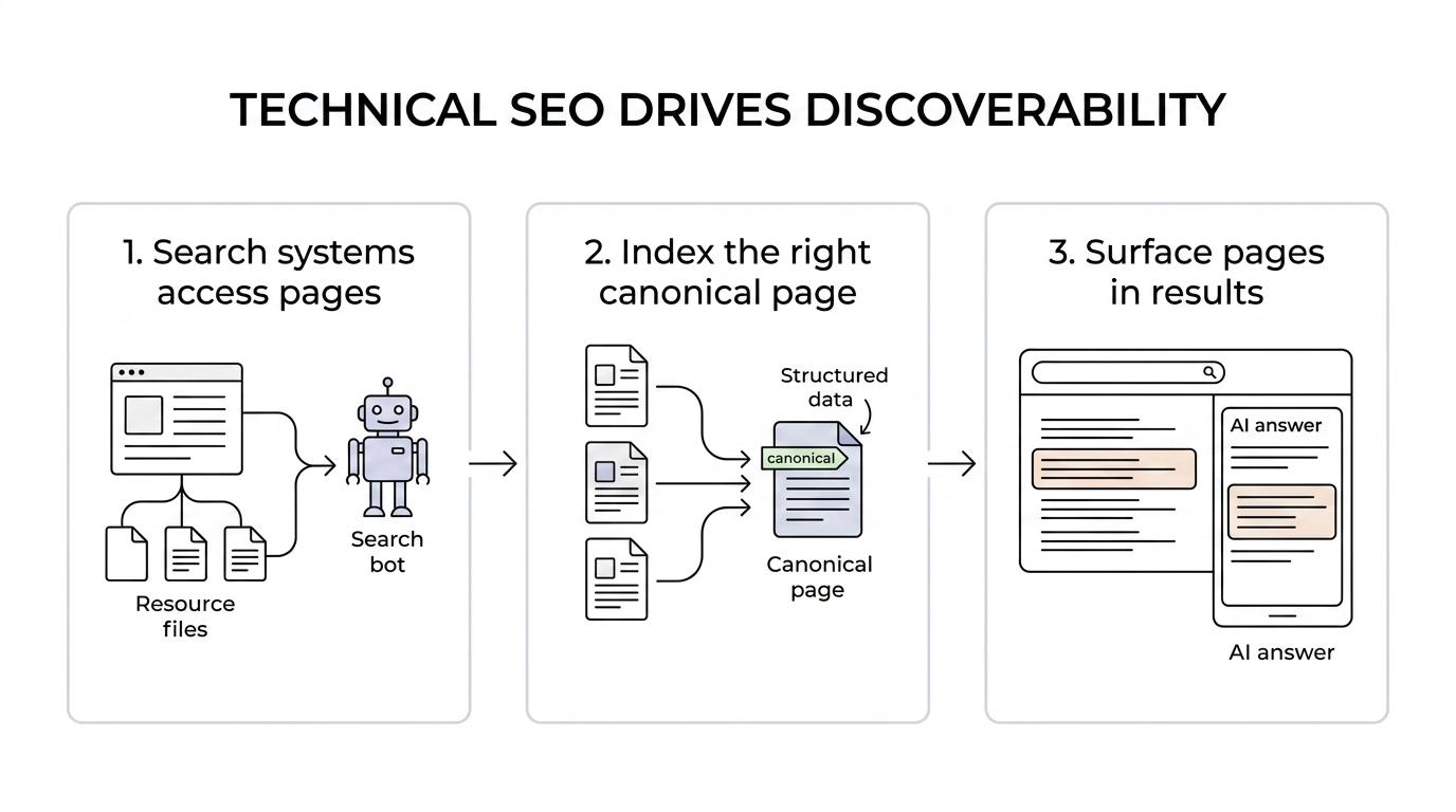 Flow diagram showing pages moving through crawl, index, and search results, with blockers like robots.txt, canonicals, and schema issues interrupting visibility.