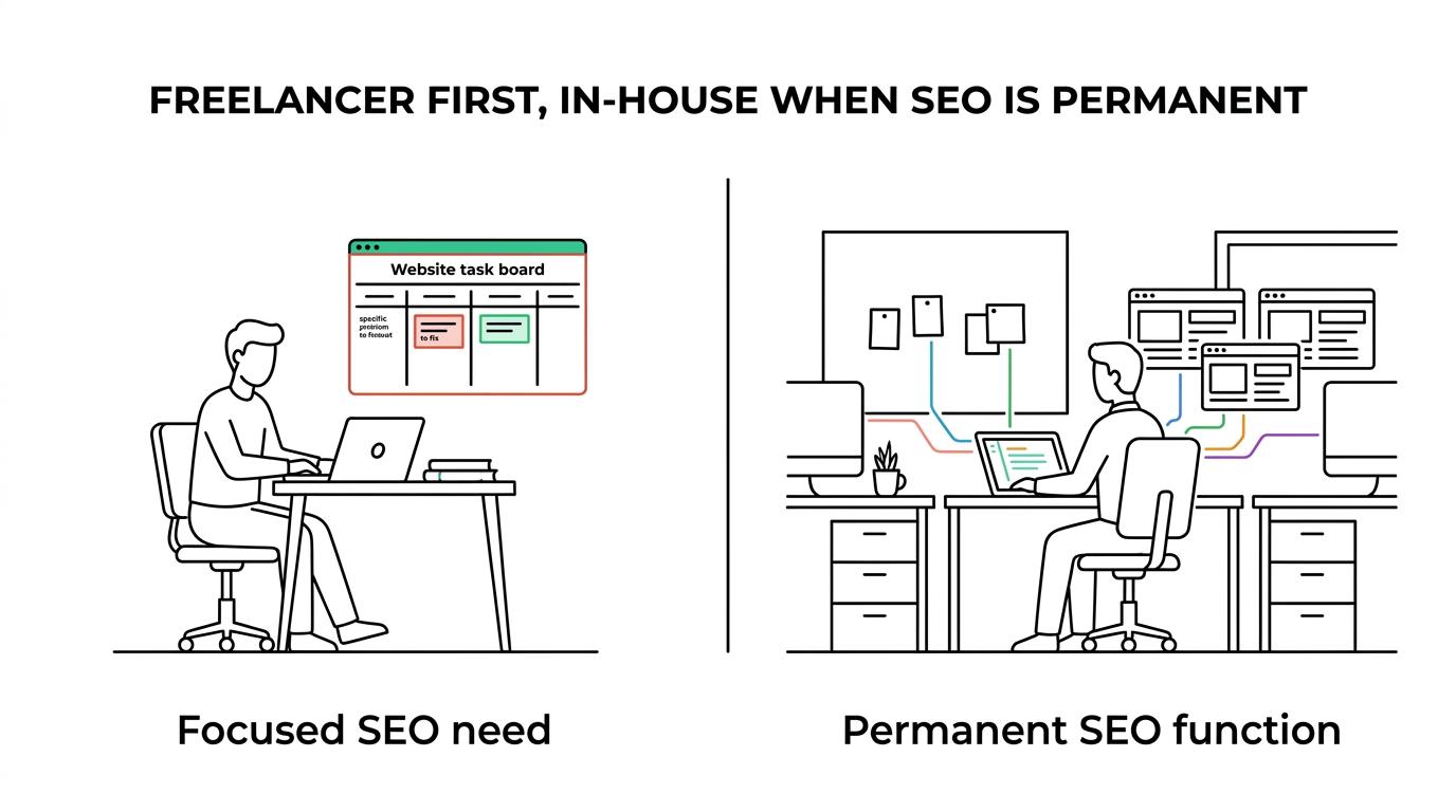 Side-by-side comparison of an SEO freelancer and an in-house SEO hire across cost, speed to start, scope, flexibility, and best-fit business stage.